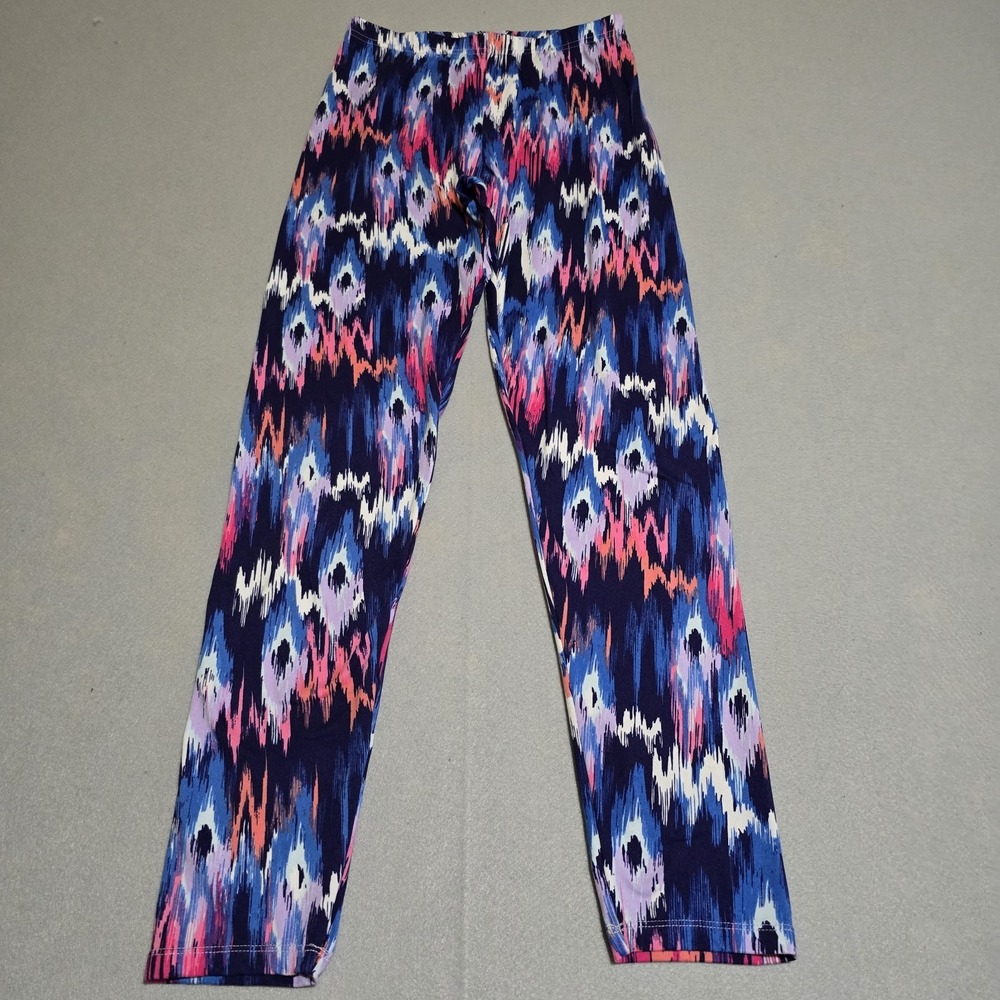 Just Be Leggings Womens Medium Blue Pink Ikat Abstract Print High Rise Stretch